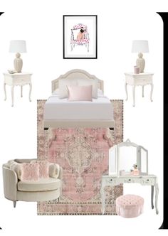 a bedroom with white furniture and pink accents