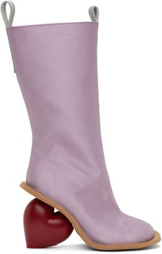 Calf-high recycled polyester and silk-blend crepe boots in purple. · Pull-loops at collar · Zip closure at inner side · Logo embossed at heel tab · Sculptural heel with rubber injection · Neolite foam rubber sole · Heel: H3.75 Supplier color: Lilac/Red Purple Boots, Fancy Nancy, Purple Love, Chunky Sneakers, Designer Boots, Calf Boots, Boot Shoes Women, Heeled Boots, Apparel Accessories