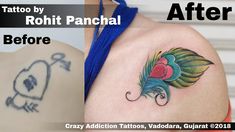 before and after photos of tattoos on the back of women's shoulder, left to right