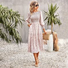 F00166319-402 Pink Smocked Midi Dress, Modest Long Summer Dresses, Western Dress For Women, Church Dresses For Women, Modest Dresses For Women, Trading Places, Modest Clothes, Womens Wrap Dress, Womens Fall Dress