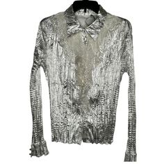 Capture The Look Of Timeless Sophistication With The New With Tag Vintage Alberto Makali Metallic Silver Blouse. Crafted With Lightweight And Breathable Polyester Fabric, This Gorgeous Blouse Has An Intricate Metallic Silver Design That Catches The Light. Perfect For Formal Occasions Or Strong Office Attire, The Vintage Alberto Makali Metallic Silver Blouse Will Turn Heads While Giving You A Chic And Polished Look. -Alberto Makali Metallic Silver -Blouse -Vintage -Size Xl Thanks For Shopping Wit Silver Blouse, Black Sequin Top, Teal Blouse, Printed Silk Shirt, Y2k Boho, Gorgeous Blouses, Silky Blouse, Silver Design, Office Attire