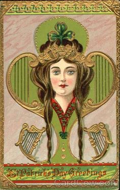 a woman with long hair wearing a tiara and holding harps in her hands