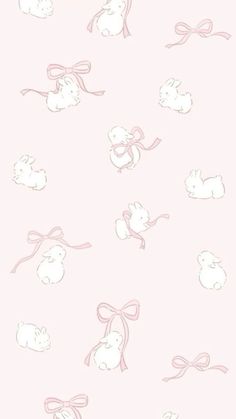 a pink wallpaper with white rabbits and bows on the top, in front of a light pink background