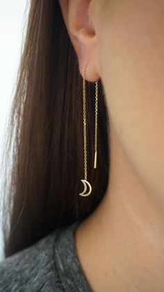 14K 9K Gold Crescent Moon Threader Earrings, Gold Minimalist Earrings, Dainty Moon Threaders, Long Chain Earrings, Celestial gold earrings, Gift for her, FREE EXPRESS SHIPPING Dainty and minimalist 14K or 9K Solid gold threader earrings with a small crescent moon. A lovely, versatile pair of earrings/earring that you will love wearing all day, everyday! Whisper....The beauty of the crescent moon beholds the half lit sky... ------------------------------------------- D E T A I L S 14K Solid Gold Yellow Gold Moon Charm Drop Earrings, Minimalist Moon Shaped Single Earring, Minimalist Moon Charm Drop Earrings, Elegant Gold Earrings With Moon Charm, Minimalist Half Moon Earrings For Gift, Minimalist Moon Earrings For Everyday, Minimalist Moon-shaped Everyday Earrings, Elegant Hypoallergenic Moon Shaped Jewelry, Elegant Hypoallergenic Moon-shaped Jewelry