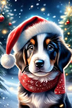 a painting of a puppy wearing a santa hat and scarf with christmas lights in the background