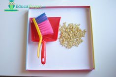 a tray that has some food and a brush in it on top of a table