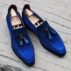 Handmade Brighton Tassel Loafers - Blue Suede Patina Dress Shoes on Storenvy Double Monk Strap Shoes, Quality Leather Boots, Custom Design Shoes, Monk Strap Shoes, Classy Shoes, Leather Loafer Shoes, Costume Shoes, Leather Moccasins, Men Loafers