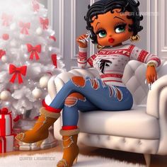 a digital painting of a woman sitting on a couch in front of a christmas tree