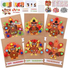 four thanksgiving turkeys made out of paper with buttons and other crafting supplies around them