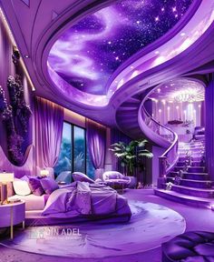 this is a bedroom with purple walls and ceilinging, it has a spiral staircase leading up to the second floor