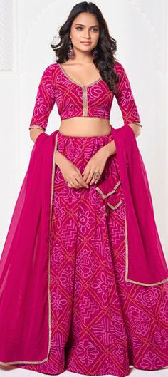 Pink and Majenta color Lehenga in Georgette fabric with Bandhej work Floor-length Bandhani Print Sets For Reception, Multicolor Bandhani Print Sets For Reception, Traditional Drape Sets With Bandhani Print For Reception, Diwali Reception Bandhani Print Sets, Diwali Reception Sets With Bandhani Print, Semi-stitched Bandhani Wedding Sets, Bandhani Print Floor-length Wedding Sets, Red Wedding Dress With Bandhani Print, Pink Bandhani Print Sharara For Wedding