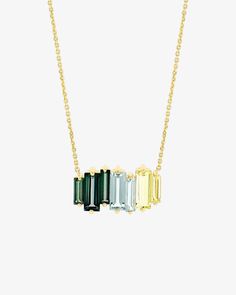 Kalan By Suzanne Kalan Amalfi Reborn Green Ombre Stacker Pendant in 14k yellow gold Green Gemstone Baguette Cut Necklace, Green Baguette Cut Gemstone Necklace, Green Baguette Cut Diamond Jewelry, Baguette Jewelry, Ombre Jewelry, Jewelry Showcases, Green Ombre, Lemon Quartz, Jewelry Tray