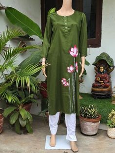 Hand painted straight Kurta, Tunic, Top, Cotton fabric in original Dark Olive Green colour, its unique Art, Fabric Paint and Wearable art. Total Length - 35"  Dry Clean only   Visit www.artindia.co for more collection. Artindia Delivery timeline ranges from 10 - 25 working days, depending on the products artwork. In case of international orders, there will be extra one week shipping time. All our products are on a made-to-order basis to avoid excess wastage of resources by the label and keep pil Traditional Cotton Kurta With Digital Print, Traditional Green Kurta With Digital Print, Traditional Green Digital Print Kurta, Green Printed Cotton Kurta, Green Cotton Kurta With Digital Print, Green Cotton Kurta With Floral Print, Green Digital Print Kurta For Festivals, Green Floral Print Cotton Kurta, Green Printed Digital Prints For Festivals