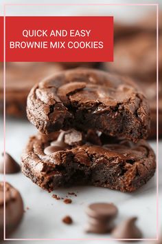 two chocolate cookies stacked on top of each other with the words, quick and easy brownie mix cookies