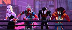 the animated spider - man and his friends are standing in front of a cityscape