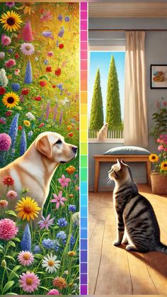 a cat and dog are looking at each other in the same room with colorful flowers