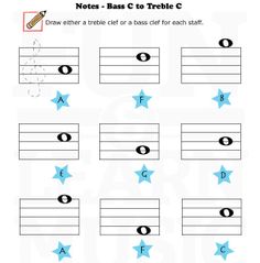 worksheet for treble c with blue stars on the top and bottom lines