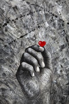 a painting of a hand with a red heart in it's palm, on a gray background