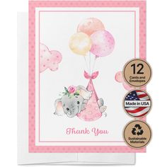 a card with an elephant holding balloons and the words thank you in pink on it