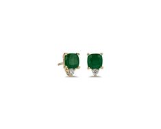 Gorgeously green cushion-cut emeralds give these stud earrings eye-catching style, and a delicate diamond accent elevates their shimmer. The gleaming  14k yellow gold design beautifully complements the emeralds' hue. Emerald Yellow Gold Diamond Earrings Fine Jewelry, Emerald Yellow Gold Diamond Earrings, Yellow Gold Emerald Diamond Earrings, Elegant Green Diamond Earrings In 14k Gold, Yellow Gold Diamond Earrings With Emerald, Classic Green Diamond Earrings With Accents, Emerald And Diamond Earrings, Green Cushions, Going Green