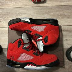 Not Worn, No Creases, No Nothing, Size 9 Raging 5s. Red Thunders Shoes, Jordan 4 Red Velvet, Jordan Red, Jordans For Men, Jordan Shoes, Nice Shoes, Men's Shoes, Jordan, Man Shop