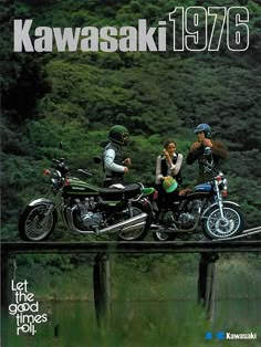 an advertisement for kawasaki motorcycles featuring two people on a motorcycle and the words kawasaki 1970