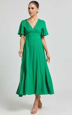 Dakota Midi Dress - Linen Look Flutter Sleeve A Line Dress in Green Line Dress, Linen Dresses, Plunging Neckline, Flutter Sleeve, Midi Length, Timeless Elegance, A Line Dress, Self Love, Casual Dresses