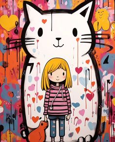 a girl standing next to a cat with hearts all over it's wallpaper