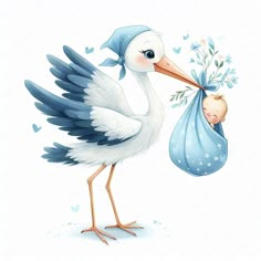 a stork carrying a baby in a blue bag