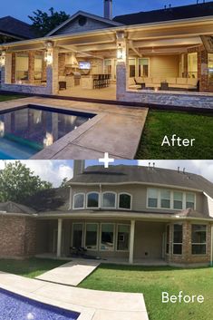 before and after pictures of a house with pool