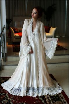 Bridal Silk Robe Champagne Chiffon Bridal Lingerie Wedding Cream Wedding Night Gown With Lace Trim, Delicate Lace Gown For Ceremonies, Ceremony Gown With Delicate Lace, Full-length Gown For Wedding Night, Floor-length Satin Finish Gown For Wedding, Satin Finish Floor-length Wedding Gown, Elegant Cream Wedding Gown, Cream Silk Gown For Wedding Night, Satin Wedding Gown With Lace Trim