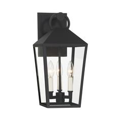 an outdoor wall light with three candles on the front and back of it, against a white background