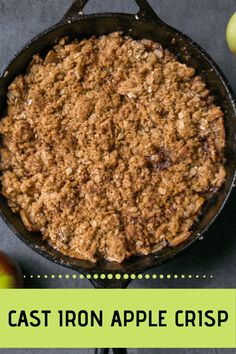 an apple crisp in a cast iron skillet with the words cast iron apple crisp