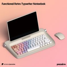 a computer keyboard and mouse sitting next to each other on a pink background with the words functional retro typewriter notebook