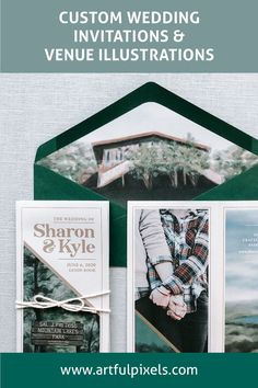 the wedding stationery is displayed with an envelope and two photos on top of it