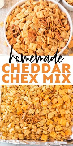 homemade cheesy snack mix in a white bowl