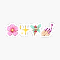 the word sticker is decorated with flowers and a fairy