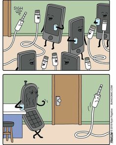 a comic strip with an image of a phone hooked up to a charger that is plugged into the wall