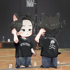 two children with black shirts on standing in front of a basketball court, one holding his head to the other's ear