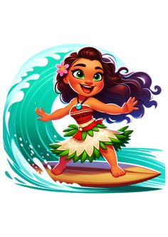 a cartoon character on a surfboard in the ocean with a big wave behind her