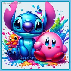 an image of stitchy and her friends in the water with splashing paint on them