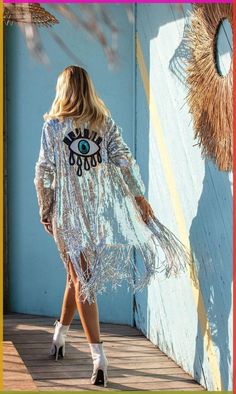 Sequin Duster, Boho Festival Outfit, Tunic Outfit, Greek Eye, Sequin Kimono, Look Festival, Festival Jacket, Music Festival Outfits