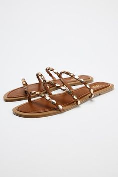 TRIPLE STRAP FLAT SANDALS - Brown | ZARA United States Strap Flat Sandals, Blazers Shoes, Slider Sandals, Dream List, Cardigan Sweater Jacket, Brown Sandals, Flat Sandals, Sales Gifts, Sweater Jacket