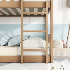 there is a bunk bed in the children's room with blue walls and white flooring