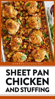 sheet pan chicken and stuffing with text overlay that reads, sheet pan chicken and stuffing