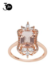 Pre-Owned 2.38ct Rectangular Octagonal Cor-De-Rosa Morganite(TM) With 0.49ctw Marquise White Zircon And 0.10ctw Round White Diamond 14k Rose Gold Ring. Measures Approximately 0.45"L x 0.85"W.  Accent stones primarily zircon..  This product may be a customer return, vendor sample, or on-air display and is not in its originally manufactured condition.  It may not be new.  In some instances, these items are repackaged by JTV. Peach Morganite, 14k Rose Gold Ring, Morganite, White Diamond, Rose Gold Ring, Gold Ring, Gold Rings, Rose Gold, Ring