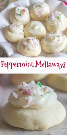 peppermint meltaways with white frosting and sprinkles on top