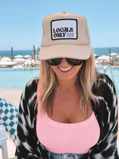 Locals Only Trucker Hat Colors: tan, hot pink, royal blue or black Beach days are the best days! This his or hers trucker is the best part of summer. Cute and perfect for your next day in the sun. So light, medium profile and a perfect addition to your growing hat collection. This patch is sewn on for extra durability. 5 Panel Foam Mesh Back Trucker, High Rise, Pro Style, Adult Sizing 100% Poly Foam Front, 100% Nylon Back High School Themes, Tourist Hat, Locals Only, Coastal Country, Snorkel Set, Black Beach, Hat Collection, Vitamin Sea, Cool Hats