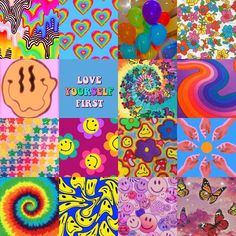 a collage of colorful images with hearts and flowers