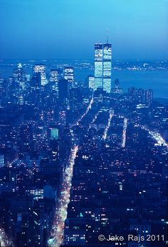 an aerial view of the city at night